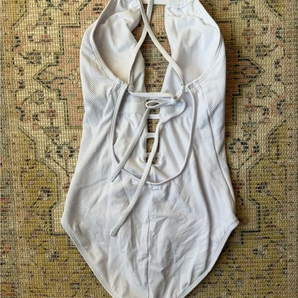 New RACHEL Rachel Roy ​Pique Lattice Cutout One Piece Swimsuit White Small